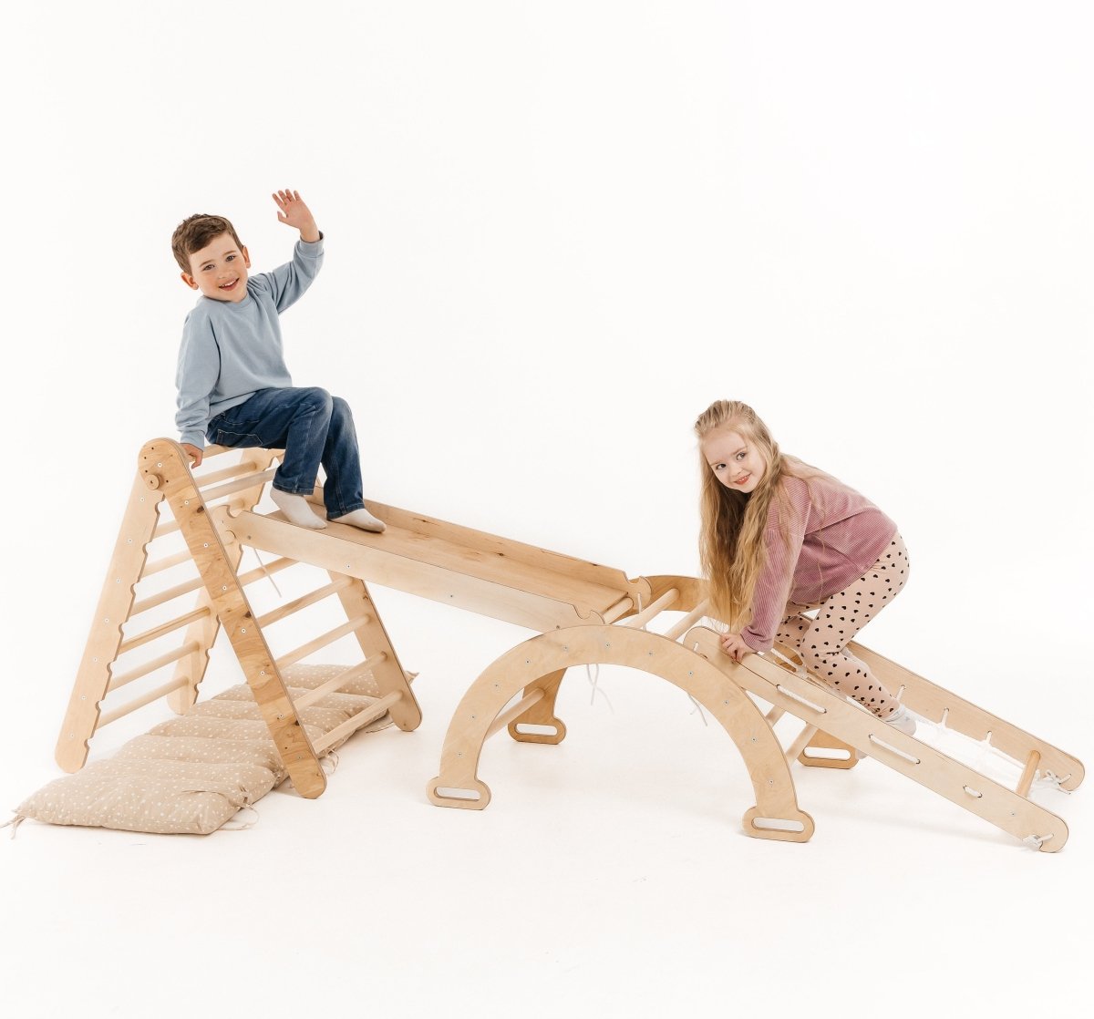 5in1 Montessori Climbing Frame: Pikler Triangle + Arch/Rocker + Slide Board/Ramp + Netting rope + Cushion