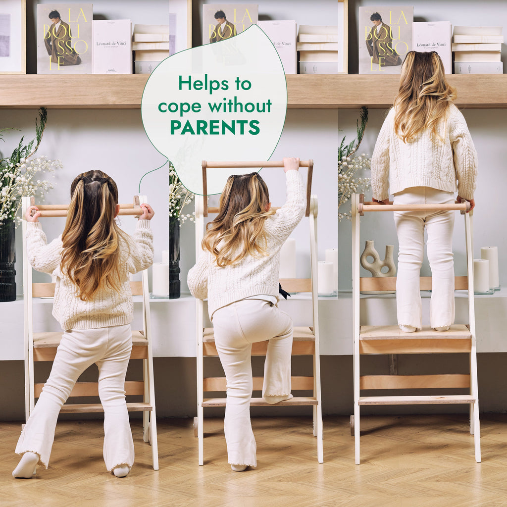 Folding Growing Chair– Montessori Step Stool with Safety Rails for Toddlers – White