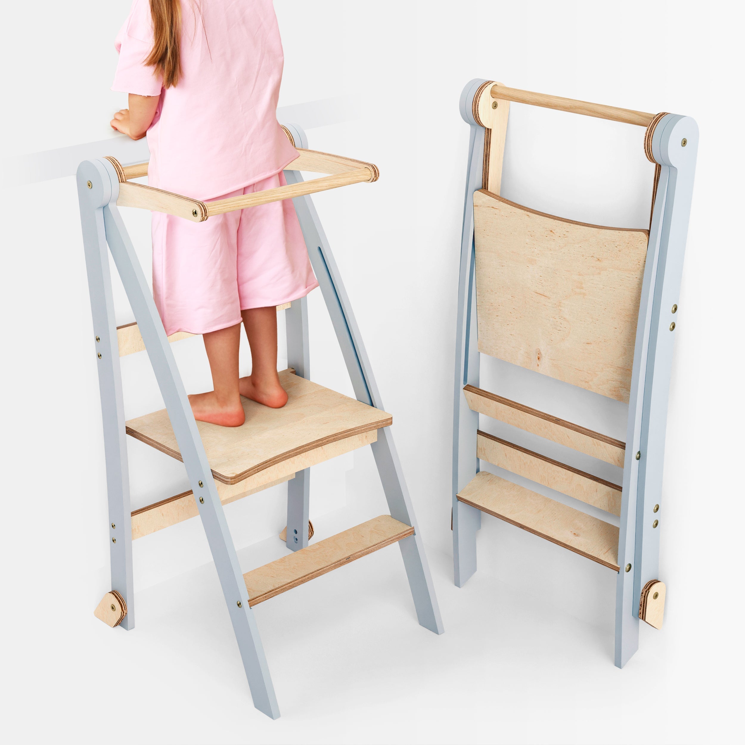 Folding Helping Stool – Montessori Growing Chair with Safety Rails for Toddlers – Grey