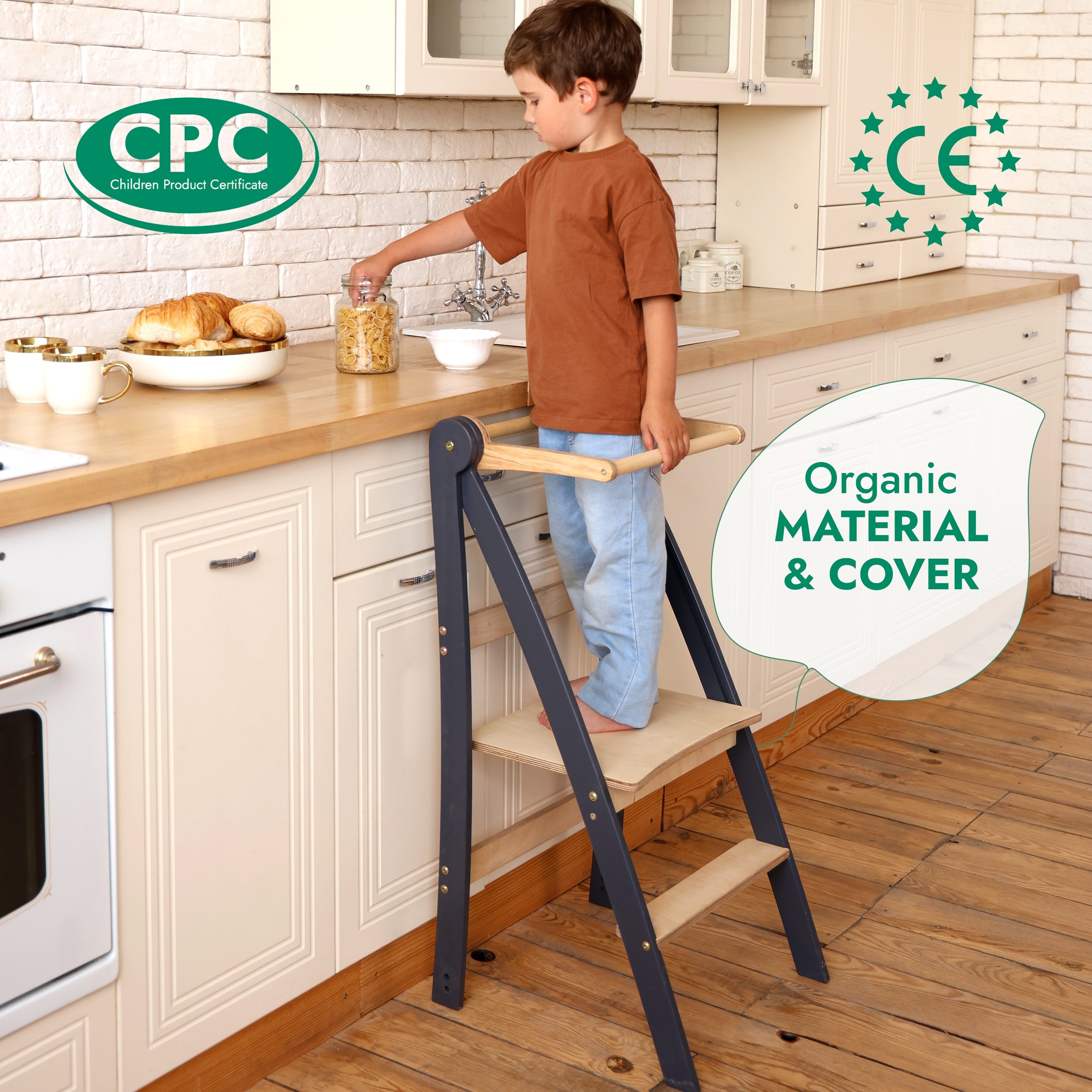 Folding Growing Chair – Montessori Step Stool with Safety Rails for Toddlers – Beige